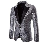 Men's Shiny Sequin Jacket Shiny Glitter Suit Jackets Casual Notched Lapel Tuxedo One Button Regular Fit Suit for Party Wedding,Banquet,Prom, Men's Sequins Dinner Casual Slim Fit (Sliver #3, L)