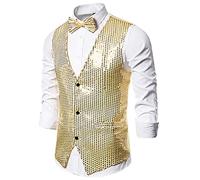 Mens Shiny Sequin Vest Slim Fit Button Down Dress Waistcoat Wedding Prom Party Sleeveless Suit Blazer Jackets Gold