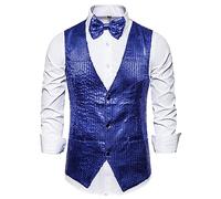 Men's Shiny Sequin Vest V-Neck Regular-Fit Party Dress Suit Waistcoat Bowtie 2 Pieces Set (Blue, L)