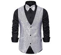 Men's Shiny Sequin Vest V-Neck Regular-Fit Party Dress Suit Waistcoat Bowtie 2 Pieces Set (Silver, M)