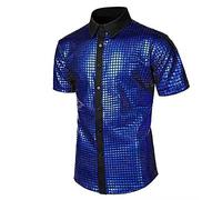 Men's Shiny Sequins Shirts Button Up Dress Shirts Short Sleeve Tee Shirt Top Disco Tops 70s Party Club Novelty Shiny Shirt Rave Tops Sexy Button Down Disco Rock Party Shirts Blue