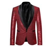 Men's Shiny Sequins Suit Jacket Blazer Slim Fit Dress Suit One Button Tuxedo for Party,Wedding,Banquet,Prom (Red, X-Large)