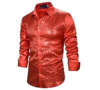 Men's Shiny Shirt, Long Sleeve Sequins 70s 80s Disco Fancy Dress, Retro Button Down Sparkly Dancing T-Shirt, Sheer Mesh See-Through Button Front Tops for Party Nightclub Prom Costume Red