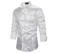 Men's Shiny Shirt, Long Sleeve Sequins 70s 80s Disco Fancy Dress, Retro Button Down Sparkly Dancing T-Shirt, Sheer Mesh See-Through Button Front Tops for Party Nightclub Prom Costume Silver