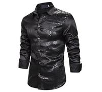 Men's Shiny Shirt, Long Sleeve Sequins 70s 80s Disco Fancy Dress, Retro Button Down Sparkly Dancing T-Shirt, Sheer Mesh See-Through Button Front Tops for Party Nightclub Prom Costume Black