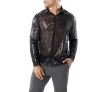 Men's Shiny Shirt, Long Sleeve Sequins 70s 80s Disco Fancy Dress Shirt, Retro Button Down Sparkly Dancing T-Shirt, Sheer Mesh See-Through Button Front Tops for Party Nightclub Christmas Prom Costume