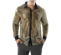 Men's Shiny Shirt, Long Sleeve Sequins 70s 80s Disco Fancy Dress Shirt, Retro Button Down Sparkly Dancing T-Shirt, Sheer Mesh See-Through Button Front Tops for Party Nightclub Christmas Prom Costume