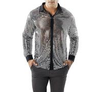 Men's Shiny Shirt, Long Sleeve Sequins 70s 80s Disco Fancy Dress Shirt, Retro Button Down Sparkly Dancing T-Shirt, Sheer Mesh See-Through Button Front Tops for Party Nightclub Christmas Prom Costume