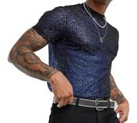 Men's Shiny Shirts, Short Sleeve Round Neck Sparkly Disco Rave Hot Tops, Mesh Sheer Sequins Party Clubwear Holiday Tee Top, Sexy Breathable Transparent Regular Undershirt for Nightclub Daily Wear