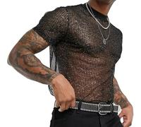 Men's Shiny Shirts, Short Sleeve Round Neck Sparkly Disco Rave Hot Tops, Mesh Sheer Sequins Party Clubwear Holiday Tee Top, Sexy Breathable Transparent Regular Undershirt for Nightclub Daily Wear