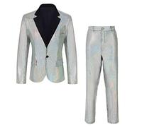 Men's Shiny Slim Suit Two-Piece Set 70s Disco Prom Outfit (Z2981WH, M)