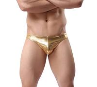 Men's Shiny Thong, Liquid Metallic Low Rise T-Back Thong, Sexy Bulge Pouch G String Thong Jockstrap, Sparkly Men's Under Panties for Clubwear, Seamless Bikini Briefs Underwear for Rave Party Gold