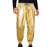 Men's Shiny Trousers, Metallic Drawstring Waist Disco Pants with Pockets, Mid Waist Faux Leather Hologram Hip Hop Dance Pants, Elastic Full Length Wet Look Bottoms for Night Club Party Festival