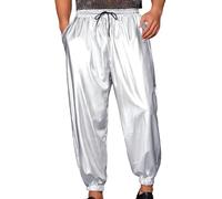 Men's Shiny Trousers, Metallic Drawstring Waist Disco Pants with Pockets, Mid Waist Faux Leather Hologram Hip Hop Dance Pants, Elastic Full Length Wet Look Bottoms for Night Club Party Festival