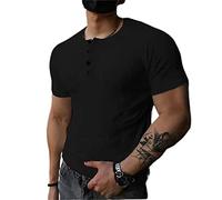 Mens Shirt Mens Round Neck Summer T-Shirt Mens Solid Color Button Decoration Short Sleeve Mens Daily Wear Causal Shirt B-Black S