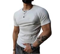 Mens Shirt Mens Round Neck Summer T-Shirt Mens Solid Color Button Decoration Short Sleeve Mens Daily Wear Causal Shirt C-White S