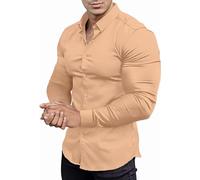 Men's Shirt Plain Stretch Long Sleeve Men's Shirts Muscle Fit Athletic Slim Fit Long Sleeve Stretch Casual Button Down Shirt, khaki, L