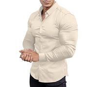 Men's Shirt Plain Stretch Long Sleeve Men's Shirts Muscle Fit Athletic Slim Fit Long Sleeve Stretch Casual Button Down Shirt Outdoor Shirts, beige, M