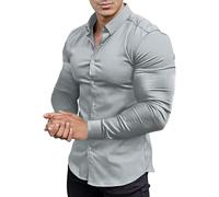 Men's Shirt Plain Stretch Long Sleeve Men's Shirts Muscle Fit Athletic Slim Fit Long Sleeve Stretch Casual Button Down Shirt, gray, M