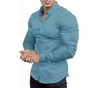 Men's Shirt Plain Stretch Long Sleeve Men's Shirts Muscle Fit Athletic Slim Fit Long Sleeve Stretch Casual Button Down Shirt, sky blue, L
