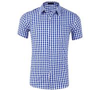 Men's Shirt Summer Short-Sleeve Checkered Men Shirt Work Casual Urban Style Men Tops Breathable Lightweight Basic Men Shirt Regular Fit Collar Mens Shirt F-Blue 2 M