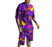 Mens Shirts and Shorts Set Summer 2 Piece Tracksuit Sets Short Sleeve Vintage Classic Tees Gym Workout Sports Elastic Waist Beach Shorts Stretch Breathable Running Shirt Outfits, Purple, 6XL
