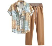 Mens Shirts and Trousers Sets 2 Piece Outfits Button Down Collar Short Sleeve Shirts and Casual Long Pants Set Lightweight Plaid Shirts & Solid Pants Set 2 Pieces Summer Outfits with Pockets
