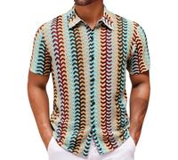 Mens Shirts Casual Summer Knitted Cotton T Shirt Short Sleeve Button Down Collared Pullovers Cock Print Holiday Overshirt Comfy Beach Tops Green