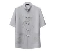 Men's Shirts Chinese Tang Suit Short Sleeve Kung Fu Summer Shirts Dragon Embroidery Pattern Mandarin Collar Shirt with Pockets Regular Fit Costume Daily Wear Tops Gray