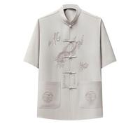 Men's Shirts Chinese Tang Suit Short Sleeve Kung Fu Summer Shirts Dragon Embroidery Pattern Mandarin Collar Shirt with Pockets Regular Fit Costume Daily Wear Tops Beige
