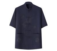 Men's Shirts Chinese Tang Suit Short Sleeve Kung Fu Summer Shirts Dragon Embroidery Pattern Mandarin Collar Shirt with Pockets Regular Fit Costume Daily Wear Tops Navy