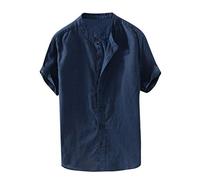 Mens Shirts Linen Long Sleeve Button Down Business Holiday Black Shirt Men Short Summer Beach Vacation Tops for Adult Overshirt Cotton Casual Plain with Pocket Essentials Navy #4 M
