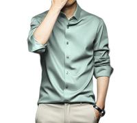 Mens Shirts Long Sleeve Button Up Shirts French Cuff Dress Shirts for Men Adult Men's Luxury Satin Dress Formal Shirts with Cufflinks Shirt Shiny Silk Wedding Shirt Party Prom (Light Green,XL,XL)