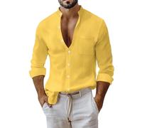 Mens Shirts Long Sleeve Casual Smart Regular Fit Button Down Collar Work Shirts for Men Adult Tops Western Clothes UK Designer Dress England Classic Full Sleeve Retro Shirts with Pocket Yellow