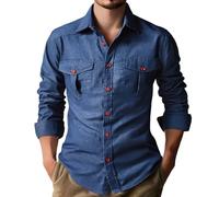 Mens Shirts Long Sleeve Casual Smart Regular Fit Button Down Collar Work Shirts for Men Adult Western Clothes Designer Dress England Classic Full Sleeve Retro Shirts with Pocket UK Tops Blue