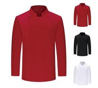 Mens Shirts Long Sleeve Chef Coat Jacket Shirt with Pockets Double Buttons Down T-Shirt Tops for Kitchen Restaurant Camisetas De Algodon para Hombre(Red, XL)