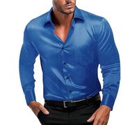 Mens Shirts Long Sleeve Silk Shirt Shiny Satin Dress T-Shirt Pocket Business Prom Party Wedding Blouses Slim Fit Tops Camisetas para Hombre Cuello V(Blue, XXXL)
