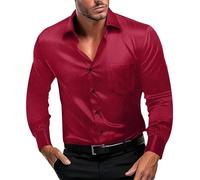 Mens Shirts Long Sleeve Silk Shirt Shiny Satin Dress T-Shirt Pocket Business Prom Party Wedding Blouses Slim Fit Tops Playeras para Hombres(Red, XXXL)