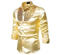 Mens Shirts Long Sleeve - Sparkly Light Up The Night Casual Formal Funky Business Easy Fit Button Down Shirt Best for Party, The Pub Or Prom Gold