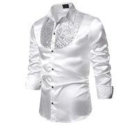 Mens Shirts Long Sleeve - Sparkly Light Up The Night Casual Formal Funky Business Easy Fit Button Down Shirt - Best for Party, The Pub Or Prom - White