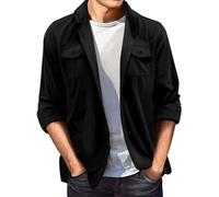 Mens Shirts Long Sleeve Texture Untucked Shirt Shacket Jacket Double Pockets Button Down T-Shirt Solid Color Blouses Camisas Negras(Black, L)