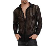 Mens Shirts Long Sleeve UK Sale Clearance Hollow Out Button Down Shirt See Through Beach Shirt Solid Color Lightweight Summer Shirts Turn-Down Collar Tee Top S-XXL Black