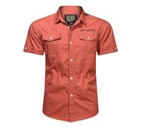 Mens Shirts Short Sleeve UK Clearance Summer Cargo Style Shirts Button Down Tops Outdoor Workwear Shirts with Pockets Casual Turn-Down Collar Cotton Tops for Hiking Fishing Golfing Red