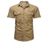 Mens Shirts Short Sleeve UK Sale Clearance Summer Cargo Style Shirts Button Down Tops Outdoor Workwear Shirts with Pockets Casual Turn-Down Collar Cotton Tops for Hiking Fishing Golfing Khaki