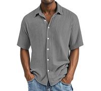 Mens Shirts Textured Shirt Summer Short Sleeve T-Shirts Button Down Tops Casual Vintage Tee Fashion Loose Blouse 2025 Camisetas De Algodon para Hombre(Grey, L)