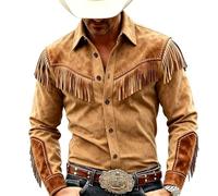 Men's Shirts UK Western Fringe Embroidered Long Sleeve Button Down Shirt Collared Regular Fit Retro Tops Cowboy Style for Stage Party Bar Country Music Festival Casual Street Wear