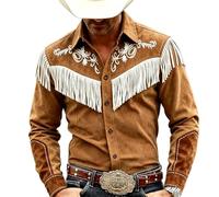 Men's Shirts UK Western Fringe Embroidered Long Sleeve Button Down Shirt Collared Regular Fit Retro Tops Cowboy Style for Stage Party Bar Country Music Festival Casual Street Wear