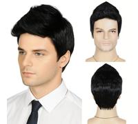 Men's Short Layered Synthetic Wig - 8Inch Heat Resistant Black Hair, Invisible Full Head Cap, Natural Realistic Party Wig with Adjustable Straps