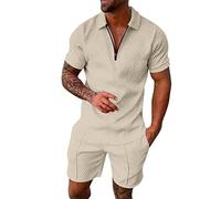 Men's Short Sets 2 Piece Outfits Shorts Sleeve Workout Muscle T-Shirts and Sports Shorts Set Casual Jogging Sweatsuits Beige