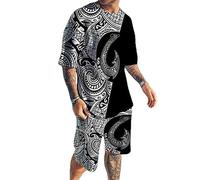 Men's Short Sets Outfits 2 Piece Summer Tracksuit Viking Totem Printed Short Sleeve T-Shirt and Short Sets with Pockets